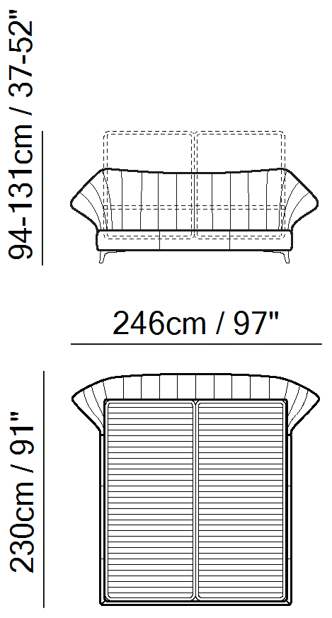 Cala Bed by Natuzzi Italia: Bed secret box mesh 180x200, outline drawing with sizes