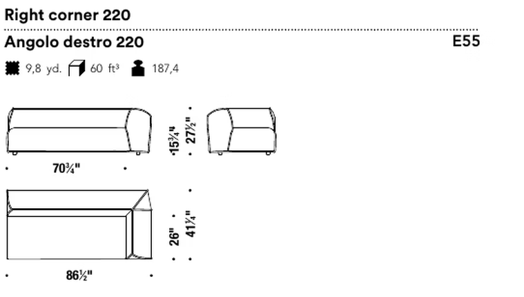 M.a.S.S.a.S. Sofa by Moroso, size drawing: Right corner 220