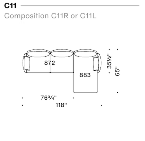 Gentry Sofa by Moroso, size drawing: Composition C11R or C11L