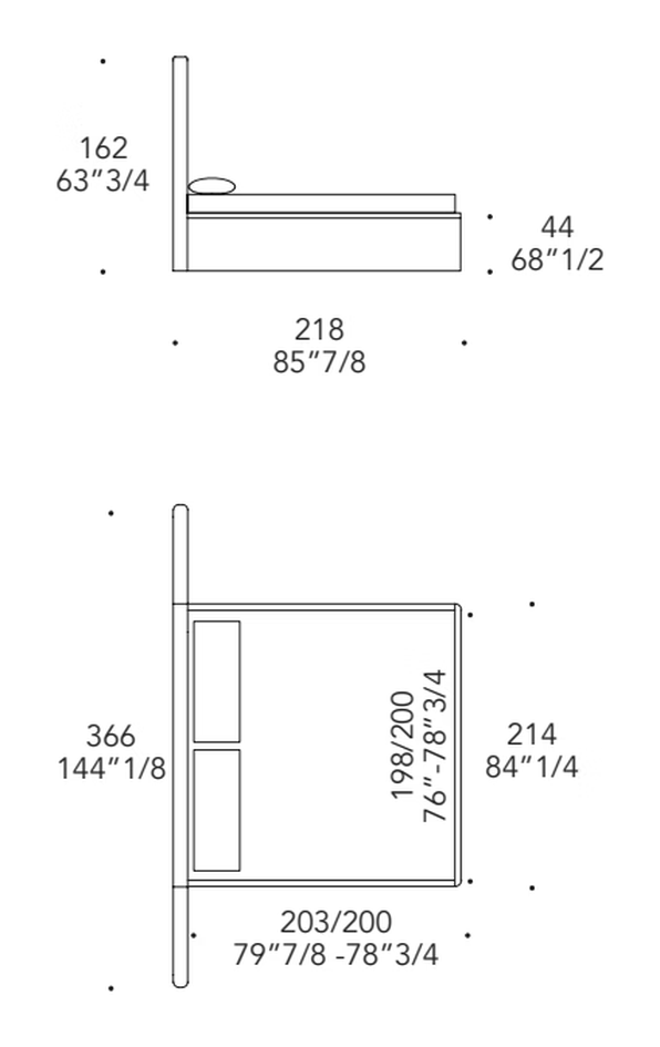 Plissé XL Letto Bed by Reflex, size drawing 3