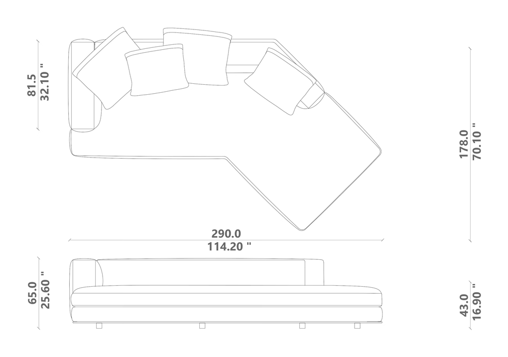 Marvin Angled Sofa by Talenti, size drawing: Angled 02 right