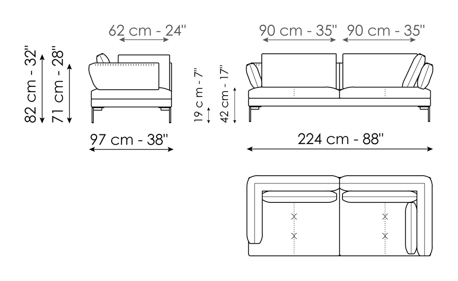 Aliante Sofa by Bonaldo, size drawing: Corner sofa 224