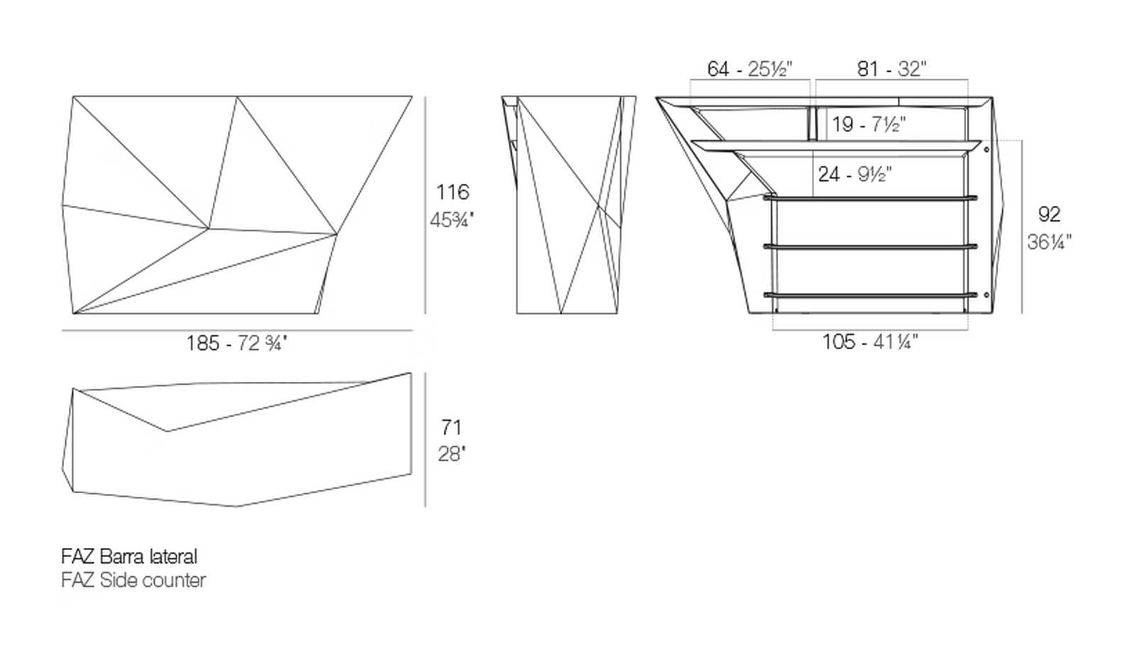 Faz Counter Bar by Vondom, size drawing