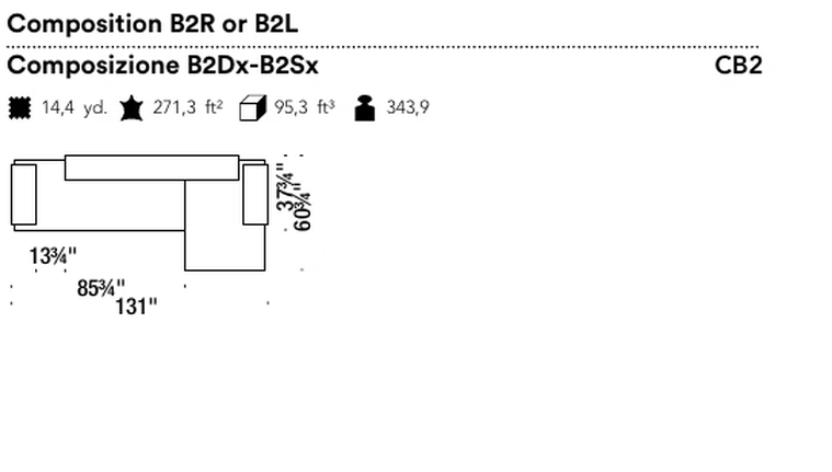 Lowland Sofa by Moroso, size drawing: Composition B2R or B2L