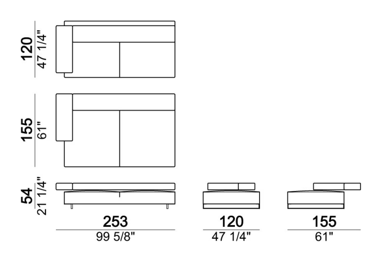 Loft Sofa by Arketipo, size drawing: Left or right unit