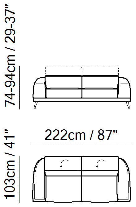 Brooklyn Sectional by Natuzzi Italia: Three-seater sofa, outline drawing with sizes