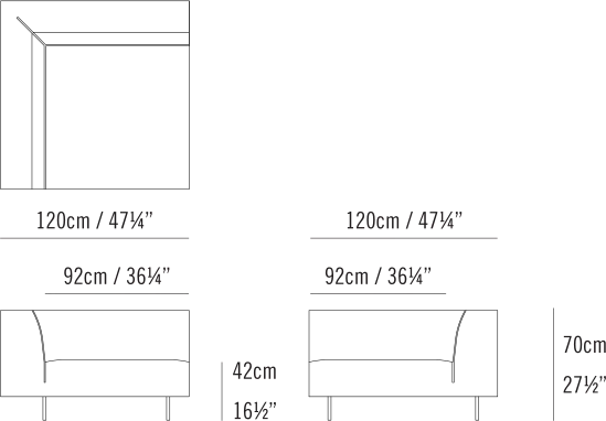 Endless Sectional by Bensen, size drawing: Deep Corner/Arm Unit