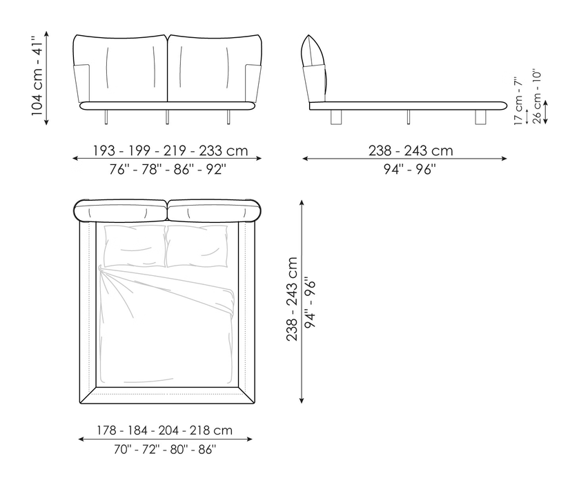 Blend Bed by Bonaldo, size drawing: Blend bed hi