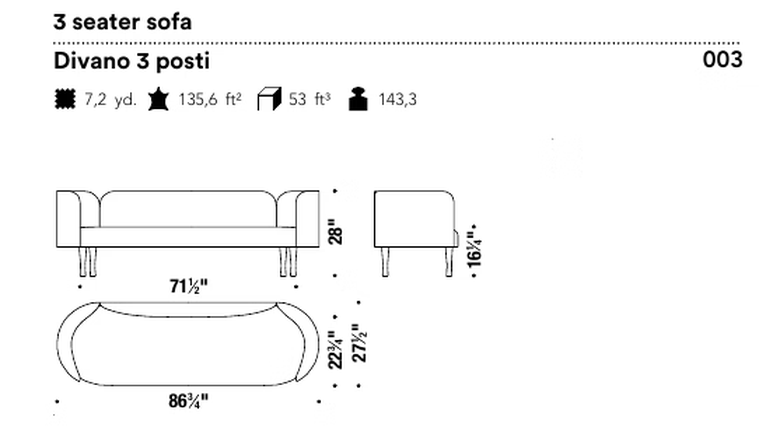 Josephine Sofa by Moroso, size drawing: 3 seater sofa