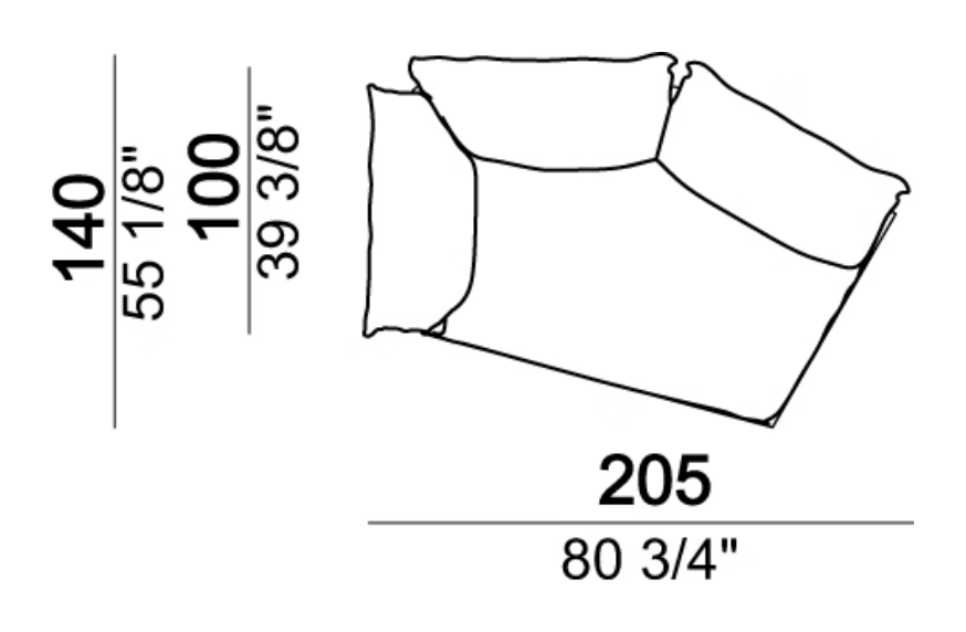 Wideboy Sofa by Arketipo, size drawing: Unit with angle 30°, back cushions 95 cm