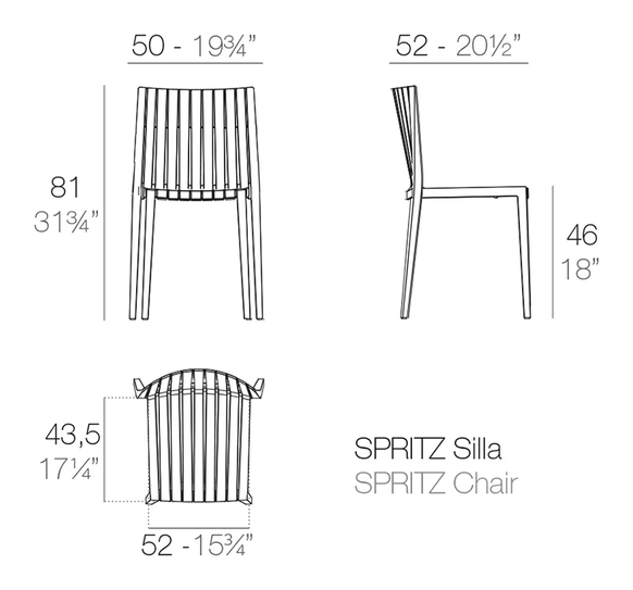 Spritz Chair by Vondom, size drawing