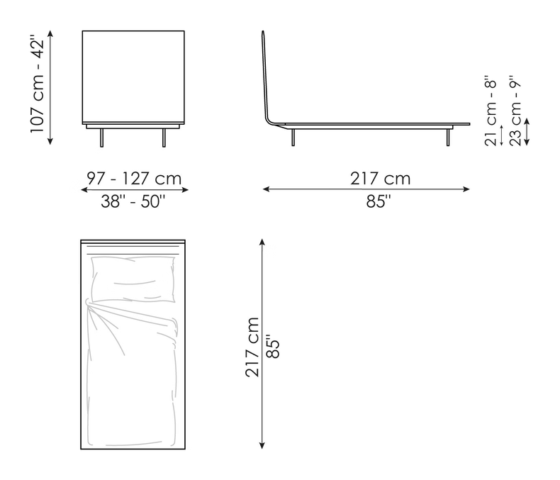 Thin Single Bed by Bonaldo, size drawing: Thin