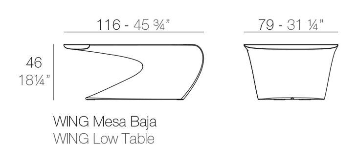 Wing Coffee Table 116 × 79 × 46 by Vondom, size drawing