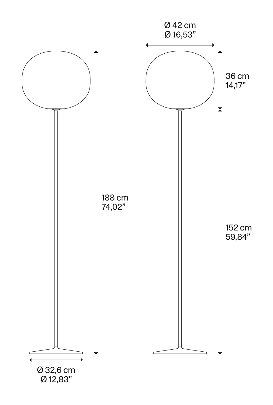 Volum Short 29 Floor Lamp by Lodes, size drawing: Volum long 42