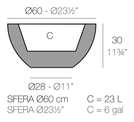 Sfera Planter by Vondom, size drawing
