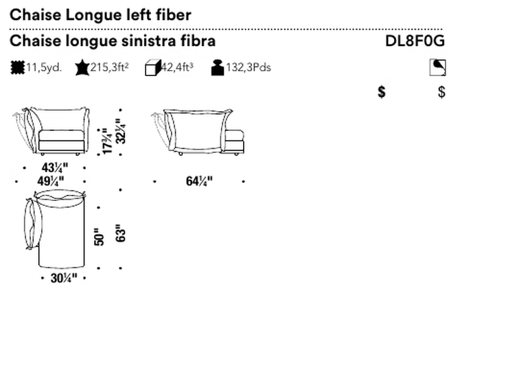 Cloudscape Sofa by Moroso, size drawing: Chaise Longue left fiber