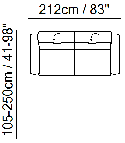 Diesis Sectional by Natuzzi Italia: Three-seater sofa-bed with Greenplus mattress, outline drawing with sizes
