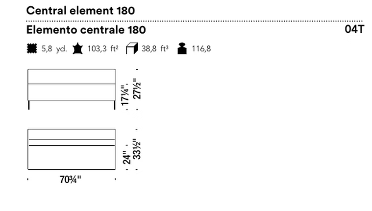 Serpentine Seating System by Moroso, size drawing: Central element 180