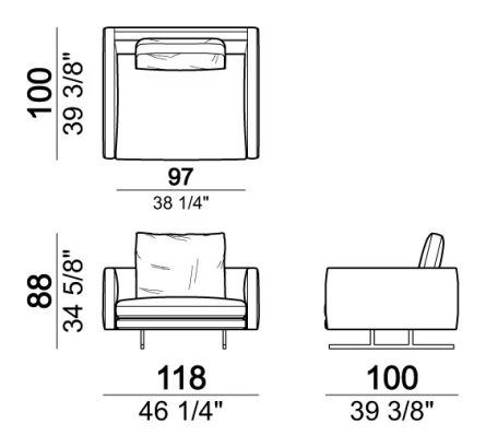 Moss Sofa by Arketipo, size drawing: Armchair, back cushion 70 cm