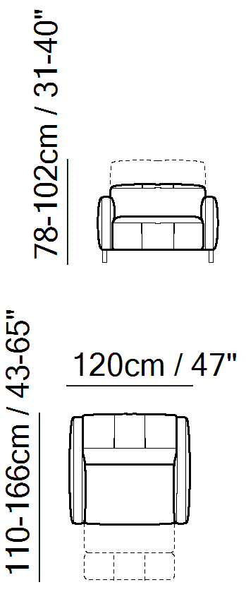 Sophy Sectional by Natuzzi Italia: One-and-a-half-seater chair with electric recliner function, outline drawing with sizes