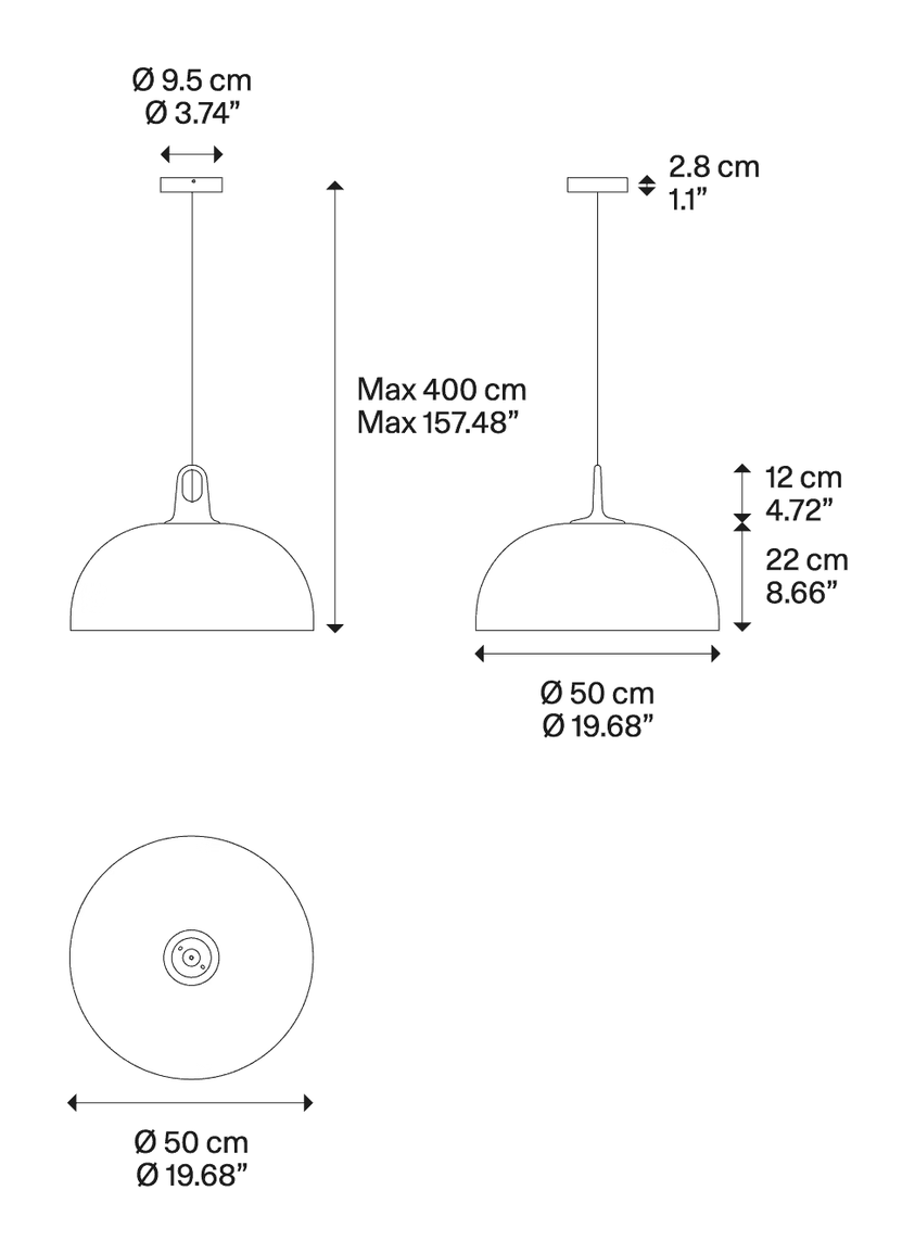 Jim Dome Pendant Lamp by Lodes, size drawing