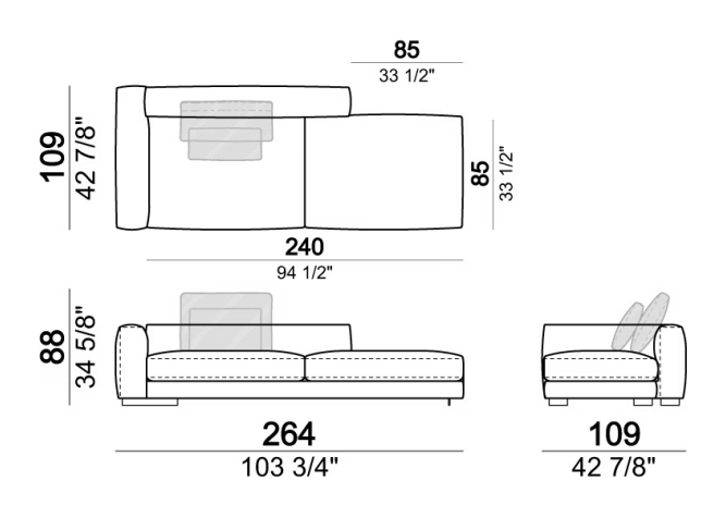 Atlas Sofa by Arketipo, size drawing: Right or left corner unit with right or left pouf