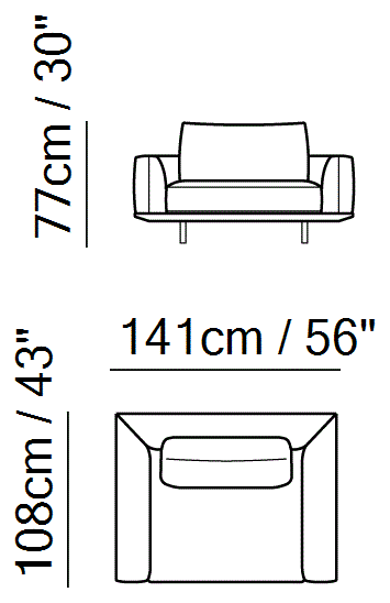 Tempo Sectional by Natuzzi Italia: One-and-a-half-seater chair, outline drawing with sizes