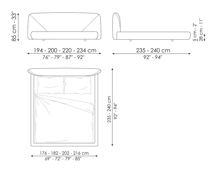 Holden Double Bed by Bonaldo, size drawing