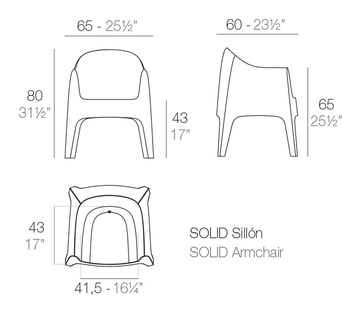 Solid Armchair by Vondom, size drawing