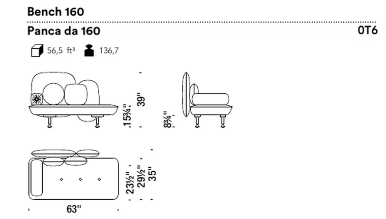 My Beautiful Backside Sofa by Moroso, size drawing: Bench 160