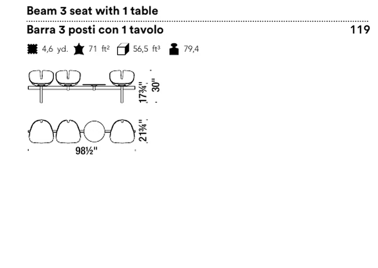 Fjord Seating System by Moroso, size drawing: Beam 3 seat with 1 table