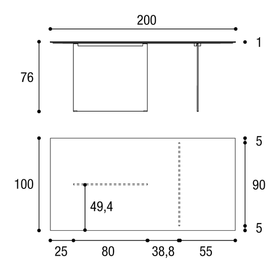 Stratum Dining Table by Lago, size drawing: 2470