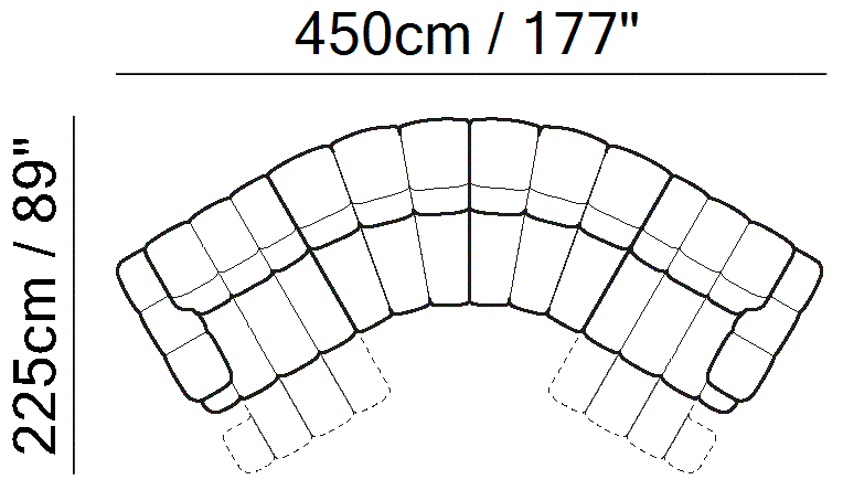 Dwell Sectional by Natuzzi Italia: Leather or fabric modular sofa, outline drawing with sizes