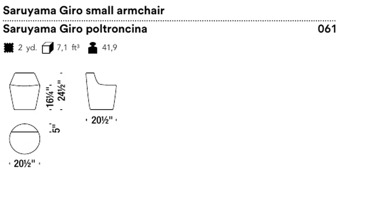 Saruyama Island Seating System by Moroso, size drawing: Saruyama Giro small armchair