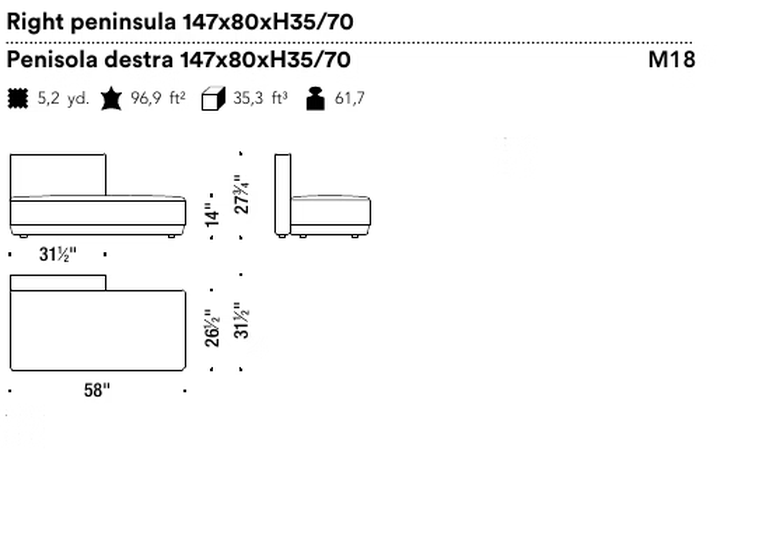 Bikini Island Modular Sofa by Moroso, size drawing: Right peninsula 147x80xH35/70