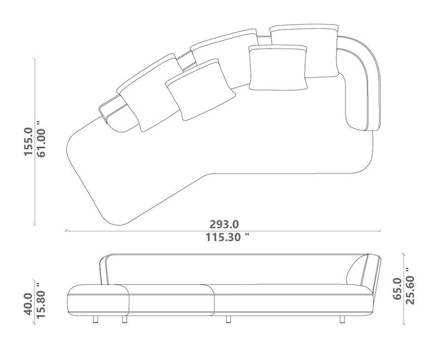 Alma Angled Sofa by Talenti, size drawing: Angled left