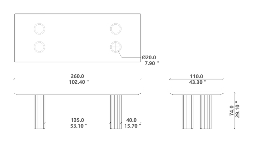 Salinas Dining Table by Talenti, size drawing: 260 × 100