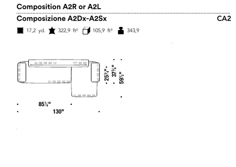 Loveland Sofa by Moroso, size drawing: Composition A2R or A2L