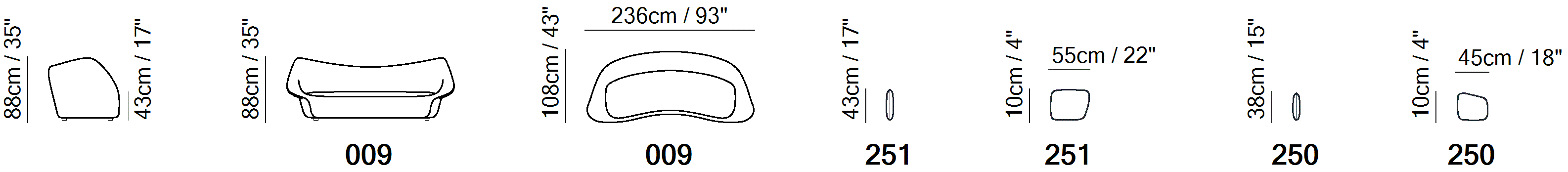 Splash Sofa by Natuzzi Italia, size drawing