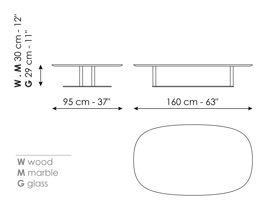Isabey Coffee Table by Bonaldo, size drawing: Isabey 160 x 95