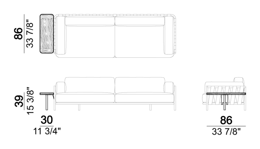 Punta Ala Sofa by Arketipo, size drawing: Shelf