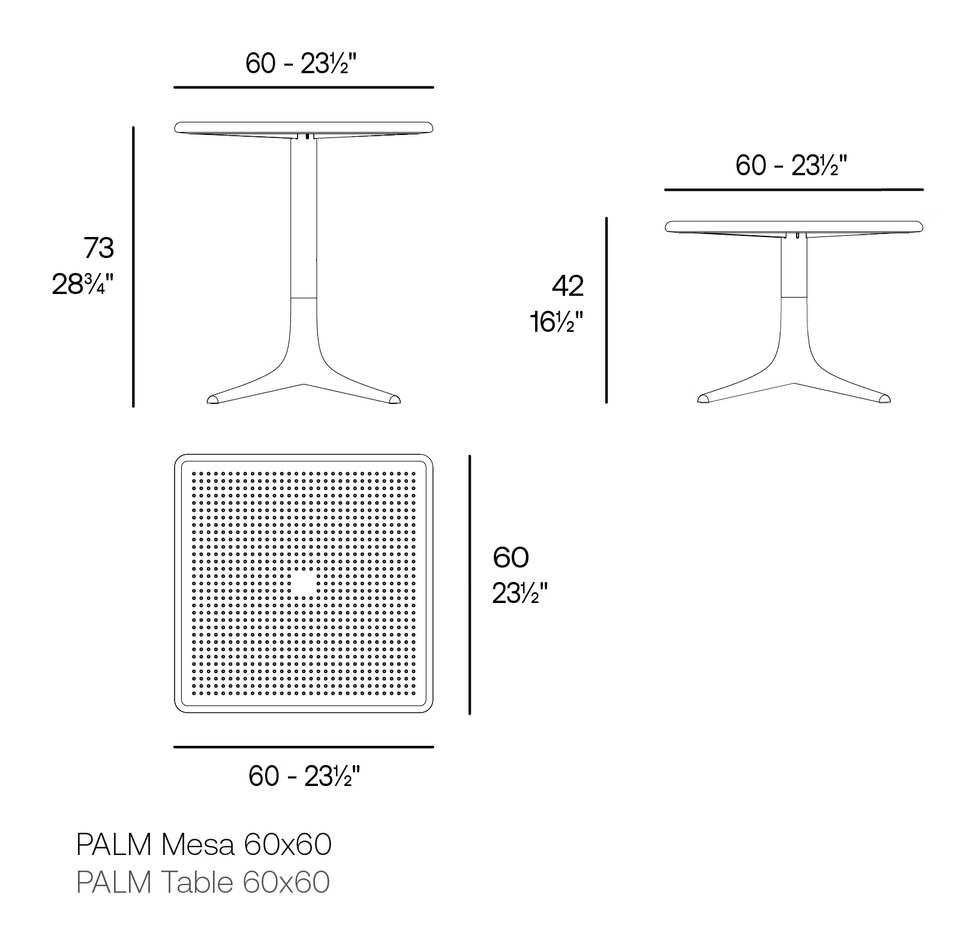 Palm Table 60 × 60 by Vondom, size drawing
