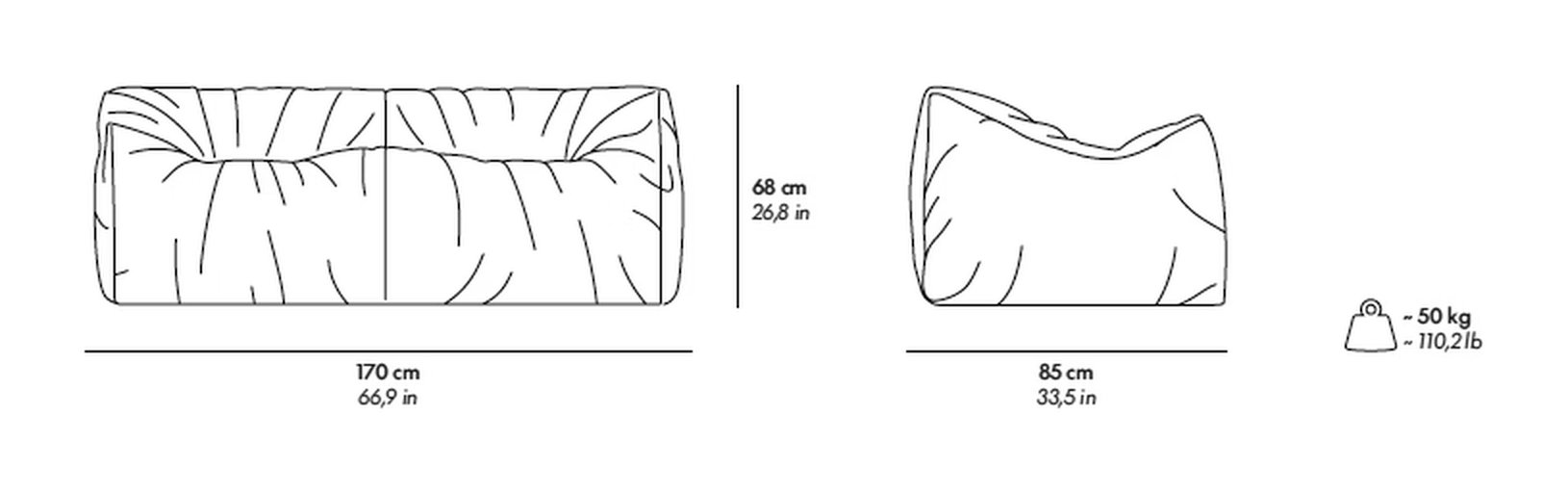 Womb Armchair and Sofa by Gufram, size drawing: Sofa