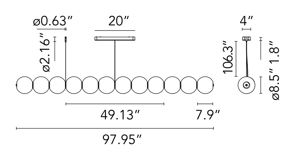 Luce Sferica Pendant Lamp by Flos, size drawing: Luce Sferica S3