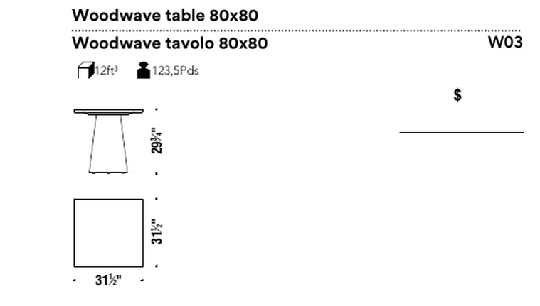 Woodwave Dining Table by Moroso, size drawing: Woodwave table 80x80