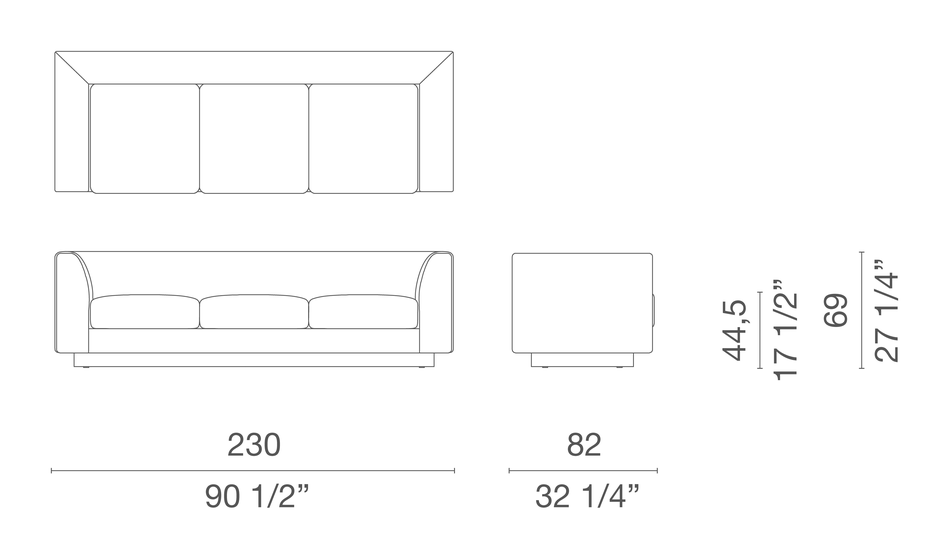 Elan 23 Sofa by Cappellini, size drawing: EVE4