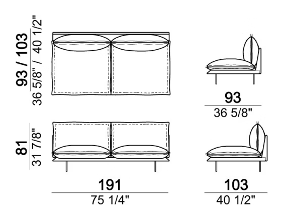 Auto-Reverse Sofa by Arketipo, size drawing: Central unit, back cushions 95 cm