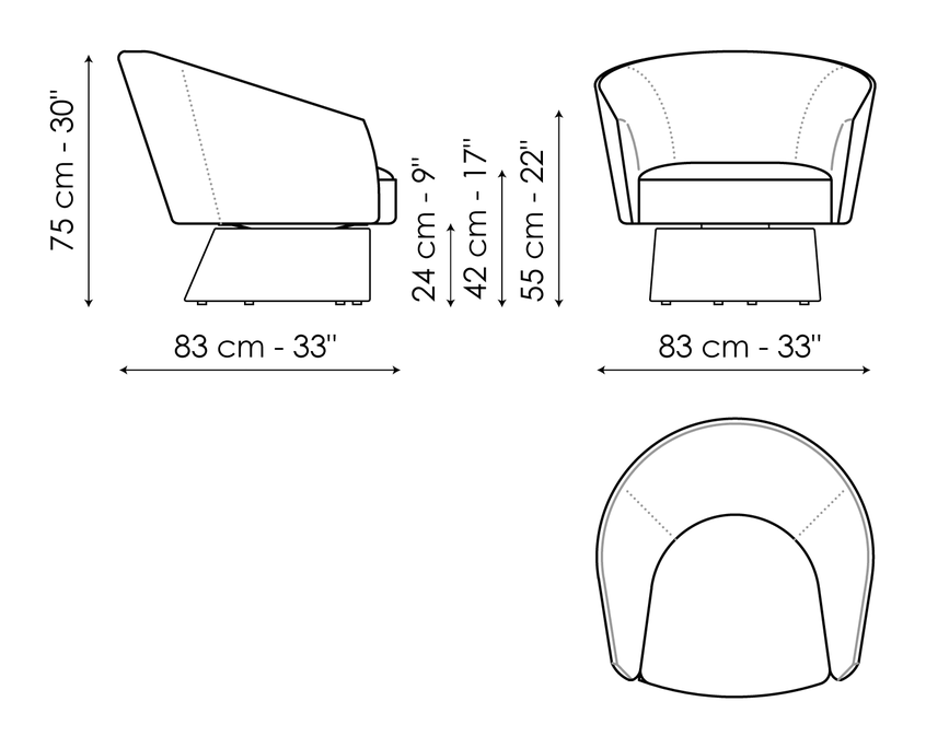 Bruno Armchair by Bonaldo, size drawing: Bruno - covered base
