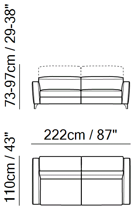 Volo Sectional by Natuzzi Italia: Three-seater sofa, outline drawing with sizes