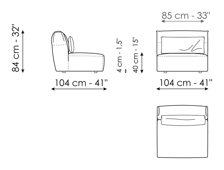 Belloalto Sofa by Bonaldo, size drawing: Central section 104